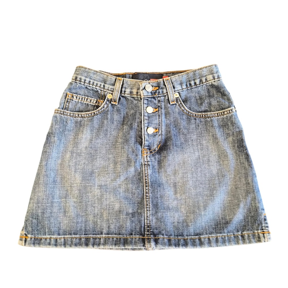 Roxy Quiksilver Denim Mini Skirt Blue Button Fly Y2K G475169 Size 0 Made in USA